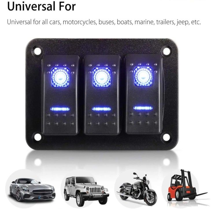 DC 12V 24V LED azul retroiluminado 3 Gang Aluminio 5 pin ON OFF Panel de interruptor de rocker