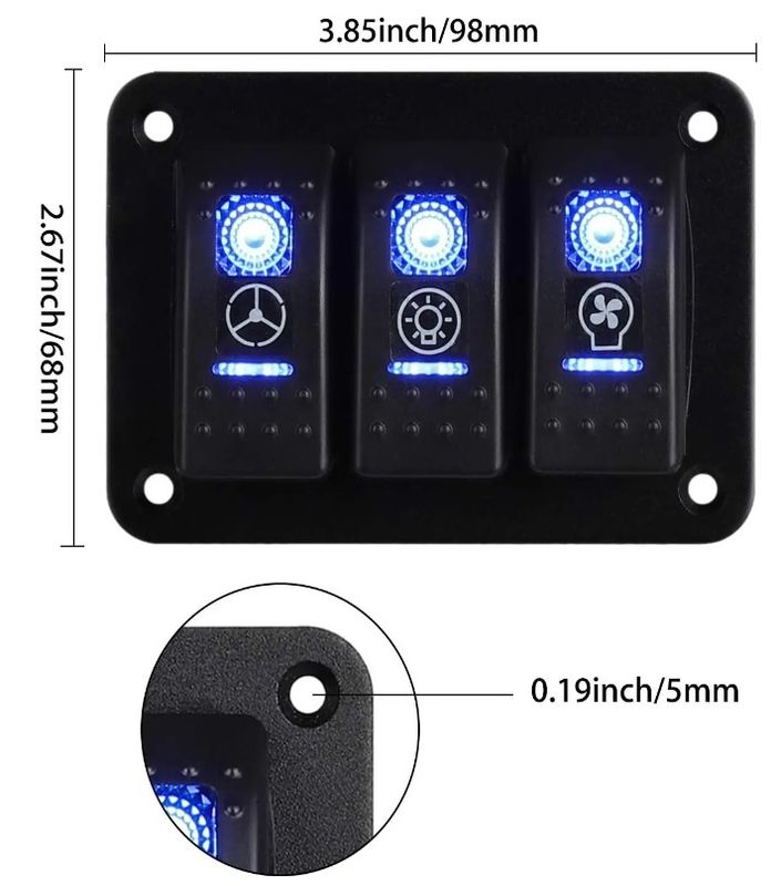 DC 12V 24V LED azul retroiluminado 3 Gang Aluminio 5 pin ON OFF Panel de interruptor de rocker