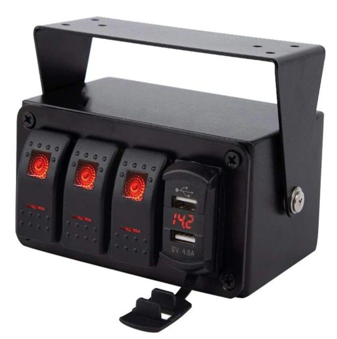 DC12V 24V 3 Gang Red LED Light Rocker Switch Panel Box con doble cargador USB 4.8A Voltmétrico para automóviles Marines Camiones Barcos