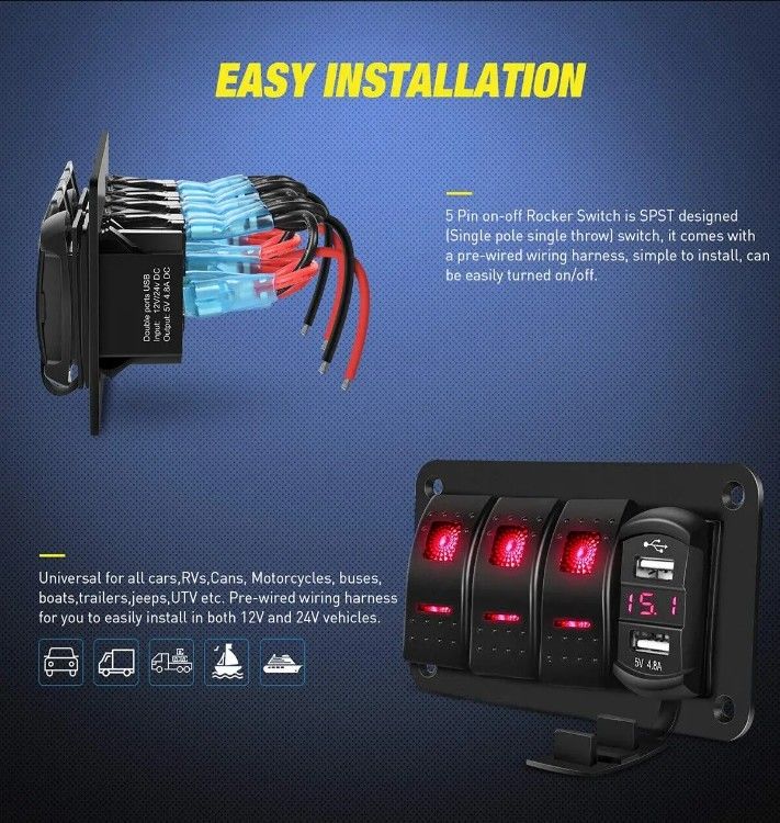 DC12V 24V 3 Gang Red LED Light Rocker Switch Panel Box con doble cargador USB 4.8A Voltmétrico para automóviles Marines Camiones Barcos