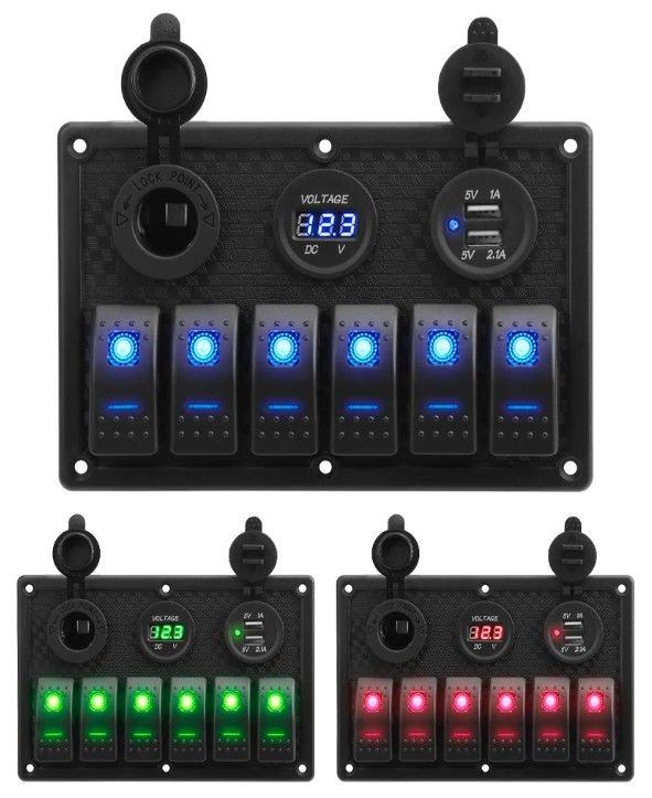 Panel de interruptor de rocker de barco marino a prueba de agua 6 banda con doble enchufe USB 3.1A Volt Meter Luz LED azul