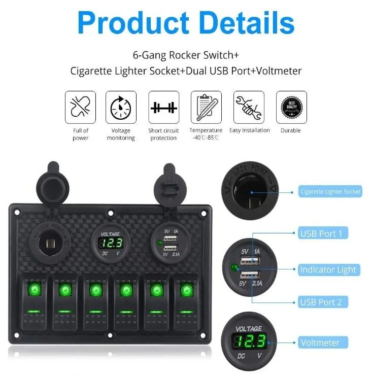 Panel de interruptor de rocker de barco marino a prueba de agua 6 banda con doble enchufe USB 3.1A Volt Meter Luz LED azul