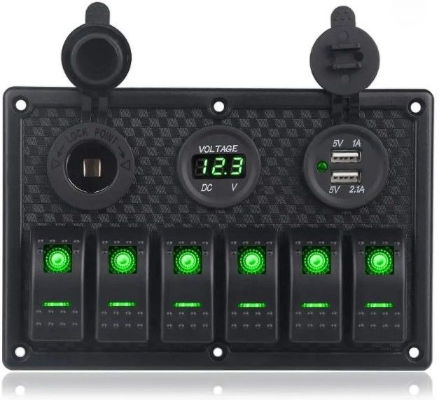 Panel de interruptor de rocker de barco marino a prueba de agua 6 banda con doble enchufe USB 3.1A Volt Meter Luz LED azul