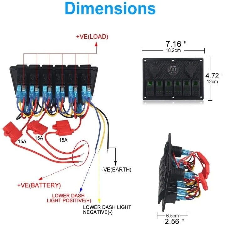 Panel de interruptor de rocker de barco marino a prueba de agua 6 banda con doble enchufe USB 3.1A Volt Meter Luz LED azul