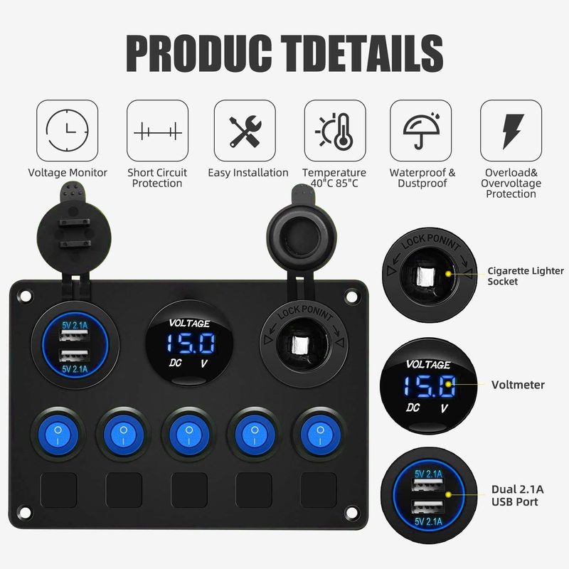 Panel de interruptores de rocker a prueba de agua de 5 bandas con conexión USB doble con luces LED azules