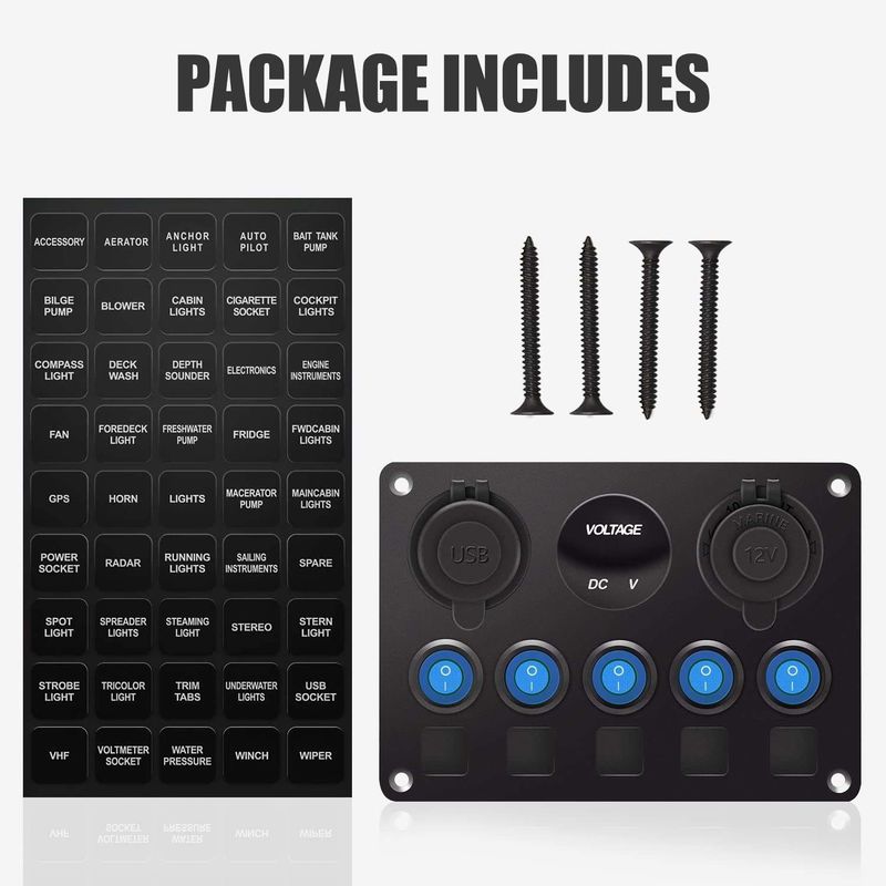 Panel de interruptores de rocker a prueba de agua de 5 bandas con conexión USB doble con luces LED azules