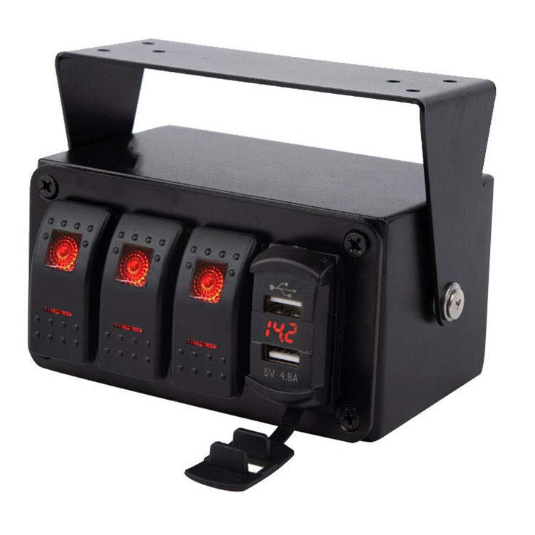 DC12V 24V 3 Gang Red LED Light Rocker Switch Panel Box con cargador USB doble de 4.8A