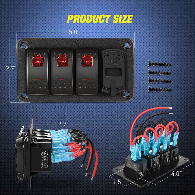DC12V 24V 3 Gang Red LED Light Rocker Switch Panel Box con cargador USB doble de 4.8A