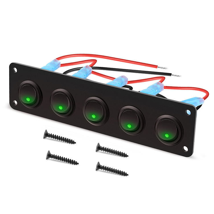 5 Panel de interruptores Gang Rocker 20A 3 pines de encendido y apagado 12V Green Toggle Switch para coches camiones barcos