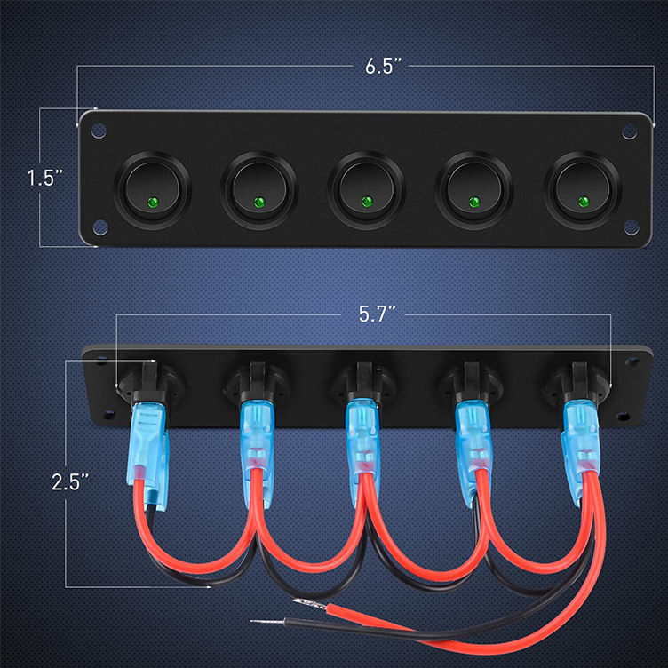 5 Panel de interruptores Gang Rocker 20A 3 pines de encendido y apagado 12V Green Toggle Switch para coches camiones barcos