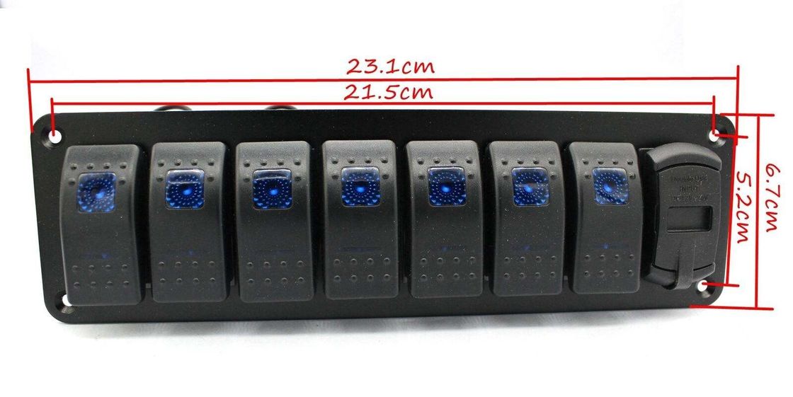 Panel de interruptores de 12V 7 Gang Rocker DC con LED de carga USB doble de 4,8 amperios